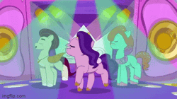 Size: 360x202 | Tagged: safe, edit, edited screencap, screencap, jazz hooves, pipp petals, rocky riff, earth pony, pegasus, pony, a day in the life, g5, my little pony: tell your tale, spoiler:g5, spoiler:my little pony: tell your tale, spoiler:tyts01e41, adorapipp, animated, cute, dancing, eyes closed, female, gif, happy, jazzibetes, jewelry, male, mare, raised hoof, reversed, rockybetes, spotlight, stage, stage light, stallion, tiara, trio