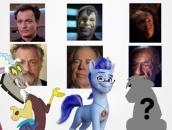 Size: 1904x1428 | Tagged: safe, argyle starshine, big macintosh, discord, draconequus, earth pony, human, pony, g4, g5, better call saul, breaking bad, chuck mcgill, donald margolis, golin shel-la, john de lancie, jonathan banks, michael mckean, mike ehrmantraut, q, star trek, star trek: deep space nine, star trek: voyager, the clown