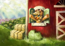 Size: 3508x2480 | Tagged: safe, artist:beherelongtime, applejack, earth pony, pony, g4, barn, detailed background, digital painting, female, hay bale, high res, mare, open mouth, open smile, ponyville, smiling, solo, sweet apple acres, window