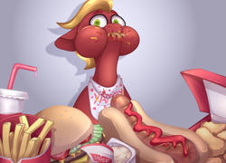 Size: 2315x1667 | Tagged: safe, artist:german_frey, sprout cloverleaf, earth pony, pony, g5, bib, burger, cheeseburger, chicken meat, chicken nugget, commission, food, hamburger, hot dog and bun, male, meat, mukbang, ponies eating meat, solo, stallion, ych result