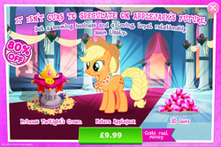 Size: 1964x1304 | Tagged: safe, gameloft, applejack, earth pony, pony, g4, my little pony: magic princess, advertisement, applejack's hat, clothes, costs real money, cowboy hat, crown, english, female, gem, granny smith's shawl, hat, jewelry, mare, medal, mobile game, numbers, older, older applejack, regalia, sale, scarf, solo, text