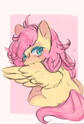 Size: 1386x2048 | Tagged: safe, artist:panrcillo_jelly, fluttershy, pegasus, pony, g4, blushing, female, looking at you, looking back, looking back at you, mare, sitting, sketch, solo