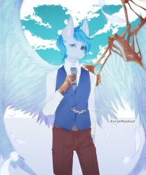 Size: 1024x1229 | Tagged: safe, artist:kyriamask, oc, oc only, pegasus, anthro, clothes, cloud, necktie, prosthetics, sky, solo, spread wings, steampunk, watermark, wings