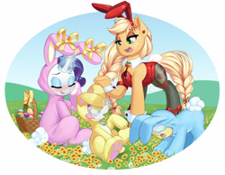 Size: 2560x1987 | Tagged: safe, artist:dstears, apple bloom, applejack, rarity, sweetie belle, earth pony, pony, unicorn, g4, animal costume, basket, blushing, bunny costume, bunny suit, clothes, costume, covering eyes, cuffs, cuffs (clothes), cute, easter, easter basket, easter egg, egg, eyes closed, female, filly, flower, foal, freckles, glowing, glowing horn, holiday, horn, magic, mare, open mouth, paw pads, paws, raribunny, role reversal, telekinesis, toe beans, underpaw