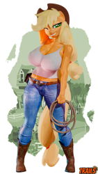 Size: 2160x3840 | Tagged: safe, artist:dandy, artist:trailssfm, applejack, earth pony, anthro, g4, 3d, arm behind head, belt, belt buckle, big breasts, boots, breasts, busty applejack, cleavage, clothes, cowboy boots, cowboy hat, cowgirl, denim, female, freckles, grin, hair tie, hat, high res, jeans, looking at you, one eye closed, pants, rope, shoes, simple background, smiling, smirk, solo, spread legs, spreading, stetson, stupid sexy applejack, tank top, white background, wink