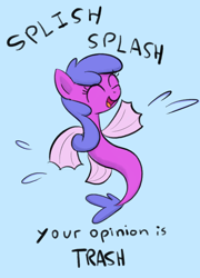 Size: 1440x2000 | Tagged: safe, artist:somethingatall, oc, oc:splashie (somethingatall), sea pony, drawthread, eyes closed, female, open mouth, simple background, solo, splashing, splish splash your opinion is trash, text, water