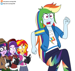 Size: 4717x4445 | Tagged: safe, artist:eagc7, rainbow dash, sci-twi, starlight glimmer, sunset shimmer, twilight sparkle, human, equestria girls, g4, caroling, clothes, commission, derp, family guy, female, glasses, male, open mouth, parody, patreon, patreon reward, running away, scared, simple background, white background