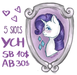 Size: 3027x2959 | Tagged: safe, artist:kirari_chan, rarity, pony, unicorn, g4, advertisement, bust, commission, commission info, female, frame, framed picture, heart, high res, horn, portrait, simple background, sketch, solo, white background, ych example, ych sketch, your character here