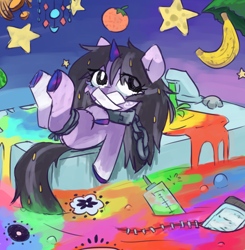 Size: 1962x2000 | Tagged: safe, artist:rivibaes, oc, oc:rivibaes, pony, unicorn, abuse, banana, bottle, female, filly, foal, foal abuse, food, horn, needle, orange, psychedelic, sink, stars, stitches