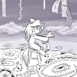 Size: 2000x2000 | Tagged: safe, artist:rivibaes, oc, oc:rivibaes, pony, abstract, cloud, female, filly, foal, grayscale, high res, monochrome, plushie, rope, stool
