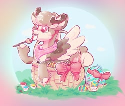 Size: 1128x957 | Tagged: safe, artist:avui, oc, deer, deer pony, original species, pegasus, pony, basket, bow, easter, holiday, solo