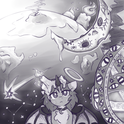 Size: 2000x2000 | Tagged: safe, artist:rivibaes, oc, oc:rivibaes, angel, pony, unicorn, biblically accurate angels, candle, chest fluff, collar, constellation, demon wings, female, fire, grayscale, halo, high res, horn, jewelry, monochrome, moon, necklace, planet, smoke, space, wax, wings