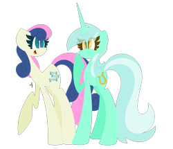 Size: 1858x1600 | Tagged: safe, artist:scridley-arts, bon bon, lyra heartstrings, sweetie drops, earth pony, pony, unicorn, g4, duo, female, lesbian, looking at each other, looking at someone, mare, open mouth, raised hoof, ship:lyrabon, shipping, simple background, smiling, transparent background