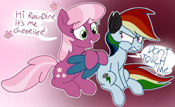 Size: 1848x1134 | Tagged: safe, cheerilee, cyborg, cyborg pony, pegasus, pony, elements of insanity, g4, angry, dont touch me, duo, female, gradient background, mare, rainbine