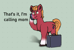 Size: 1800x1200 | Tagged: safe, artist:circumflexs, sprout cloverleaf, earth pony, pony, g5, briefcase, cellphone, hoof hold, implied phyllis cloverleaf, male, phone, raised hoof, reaction image, solo, stallion, suitcase, text, unshorn fetlocks