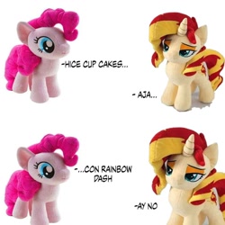 Size: 1080x1080 | Tagged: safe, pinkie pie, sunset shimmer, earth pony, pony, unicorn, fanfic:cupcakes, g4, implied death, implied murder, implied rainbow dash, irl, meme, photo, plushie, spanish, translated in the comments