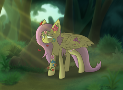 Size: 2475x1800 | Tagged: safe, artist:ashel_aras, fluttershy, pegasus, pony, g4, crepuscular rays, flower, forest, forest background, hanahaki disease, outdoors, solo, substrate body