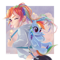 Size: 2500x2500 | Tagged: safe, artist:eiirine, rainbow dash, human, pegasus, pony, g4, backpack, bubblegum, bust, clothes, eyelashes, female, food, gum, high res, hoodie, humanized, light skin, looking at you, looking back, looking back at you, mare, plushie, pony plushie, ponytail, portrait, shorts, smiling, solo
