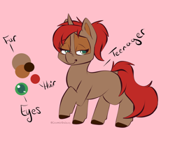 Size: 2026x1668 | Tagged: safe, artist:cosmiclitgalaxy, oc, pony, unicorn, brown coat, female, filly, foal, green eyes, red mane, red tail, reference sheet, sassy, solo, tail, teenager