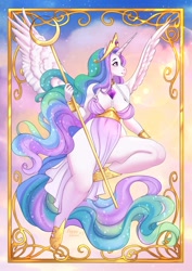 Size: 1786x2516 | Tagged: safe, artist:tiggybloom, princess celestia, alicorn, anthro, unguligrade anthro, g4, adorasexy, clothes, cute, cutelestia, dress, flying, modern art, nouveau, sexy, side slit, solo, spread wings, staff, total sideslit, wings