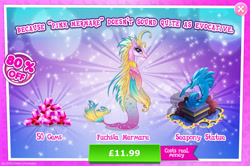 Size: 1961x1301 | Tagged: safe, gameloft, idw, jewel darter, merpony, g4, my little pony: magic princess, advertisement, bush, costs real money, english, female, gem, idw showified, introduction card, mare, numbers, sale, solo, statue, text