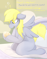 Size: 1725x2160 | Tagged: safe, alternate version, artist:not_texmex, derpibooru exclusive, derpy hooves, pegasus, pony, g4, bed, bed mane, bedroom, blank flank, blanket, confused, cute, dialogue, egg, female, filly, foal, implied oviposition, looking at something, oblivious, offscreen character, pegasus egg, pillow, question mark, spread wings, wings, younger