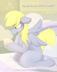 Size: 1725x2160 | Tagged: safe, alternate version, artist:not_texmex, derpibooru exclusive, derpy hooves, pegasus, pony, g4, anatomically incorrect, bed, bed mane, bedroom, blank flank, blanket, confused, cute, dialogue, egg, female, filly, foal, implied oviposition, incorrect leg anatomy, looking at something, oblivious, offscreen character, pegasus egg, pillow, question mark, spread wings, wings, younger