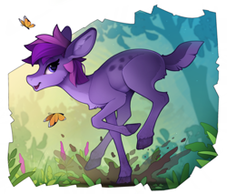 Size: 2400x2042 | Tagged: safe, artist:yakovlev-vad, oc, oc only, butterfly, deer, barely pony related, cloven hooves, deer oc, flower, high res, looking at you, looking left, mud, non-pony oc, open mouth, pale belly, running, solo, splash