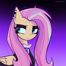 Size: 2048x2048 | Tagged: safe, artist:qwennondeathdie, fluttershy, pegasus, pony, g4, bust, ear piercing, earring, eyeshadow, female, fluttergoth, fluttershy is not amused, folded wings, frown, goth, gradient background, high res, jewelry, makeup, mare, piercing, signature, solo, unamused, wings