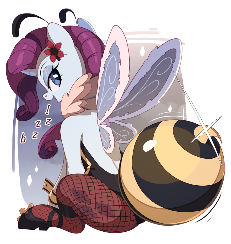 [clothes,costume,female,final fantasy,final fantasy vii,flower,flower in hair,leotard,looking at you,looking back,mare,pony,rarity,safe,sitting,solo,unicorn,bee costume,animal costume,looking back at you,fishnet pantyhose,artist:nookprint,raribee]