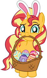 Size: 2863x4773 | Tagged: safe, artist:emeraldblast63, sunset shimmer, pony, unicorn, g4, basket, bunny ears, cute, easter basket, easter egg, female, high res, looking at you, mare, mouth hold, shimmerbetes, simple background, solo, transparent background, vector