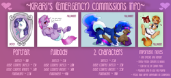 Size: 6496x2964 | Tagged: safe, artist:kirari_chan, princess luna, rarity, oc, alicorn, bat pony, earth pony, pegasus, pony, unicorn, g4, advertisement, brony, bust, canon x oc, clothes, commission, commission example, commission info, commission open, commissions open, cute, diaper, diaper fetish, duo, emergency, female, fetish, full body, fully shaded, heart, help, help me, male, pink background, portrait, price sheet, purple background, sexy, simple background, sketch, smiling, text, violet background