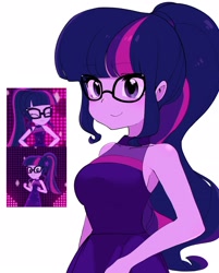 Size: 1825x2275 | Tagged: safe, artist:cheesesauce_45, screencap, sci-twi, twilight sparkle, human, equestria girls, g4, i'm on a yacht, my little pony equestria girls: better together, alternate hairstyle, bare shoulders, clothes, cute, dress, female, glasses, neon eg logo, ponytail, scene interpretation, sci-twiabetes, screencap reference, simple background, sleeveless, solo, twiabetes, white background