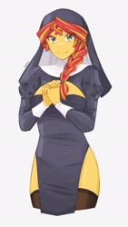 Size: 1080x1920 | Tagged: safe, artist:deeemperor, sunset shimmer, human, equestria girls, g4, alternate hairstyle, boob window, christian sunset shimmer, christianity, clothes, cute, female, nun, nun outfit, nunset shimmer, praying, religion, shimmerbetes, side slit, simple background, solo, stockings, thigh highs, total sideslit, white background