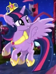 Size: 614x807 | Tagged: safe, twilight sparkle, alicorn, pony, g4, magical mystery cure, 2013, anniversary, beautiful, big crown thingy, commercial, coronation, cropped, crown, crystal princess celebration, cute, element of magic, flying, happy, hoof shoes, i love when you comb my hair, jewelry, let's fly to the castle, necklace, pretty, princess shoes, real life background, regalia, sparkles, sparkling, twiabetes, twilight sparkle (alicorn)