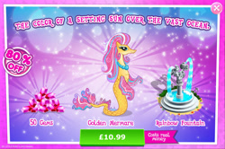 Size: 1964x1304 | Tagged: safe, gameloft, idw, gold pearl, merpony, g4, my little pony: magic princess, advertisement, bush, costs real money, english, female, fountain, gem, idw showified, introduction card, jewelry, mare, mobile game, necklace, numbers, sale, solo, statue, text