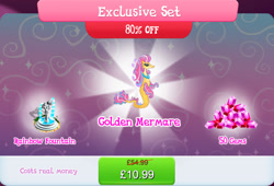 Size: 1267x860 | Tagged: safe, gameloft, idw, gold pearl, merpony, g4, my little pony: magic princess, bundle, bush, costs real money, english, female, fountain, gem, idw showified, jewelry, mare, mobile game, necklace, numbers, sale, solo, statue, text