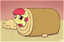 Size: 3144x2068 | Tagged: safe, artist:heretichesh, apple bloom, earth pony, pony, g4, adorabloom, blushing, cute, female, filly, foal, hay, hay bale, high res, missing accessory, smiling, solo