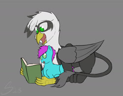 Size: 1628x1276 | Tagged: safe, artist:somber, oc, oc:stern, griffon, book, female, filly, foal, reading