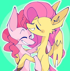 Size: 2008x2048 | Tagged: safe, artist:volchok, fluttershy, pinkie pie, earth pony, pegasus, pony, g4, eyes closed, female, green background, grin, high res, hug, lesbian, mare, ship:flutterpie, shipping, simple background, smiling, unshorn fetlocks