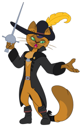 Size: 1951x3037 | Tagged: safe, artist:mlgtrap, edit, capper dapperpaws, abyssinian, cat, anthro, digitigrade anthro, g4, my little pony: the movie, chest fluff, crossover, dreamworks, featureless crotch, male, puss in boots, show accurate, simple background, solo, sword, transparent background, vector, weapon