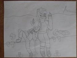 Size: 4608x3456 | Tagged: safe, artist:acid flask, oc, oc only, oc:acid flask, oc:blood moon, bat pony, zebra, zebracorn, anthro, 2d, apple, april fools, april fools 2023, arm on shoulder, armor, canterlot, cloud, cloudy, curved horn, dirty, drawing, eating, female, food, happy, helmet, herbivore, horn, leaning, leaning back, looking at something, male, mare, new lunar republic, sandwich, scar, shipping, sitting, size difference, smiling, solar empire, stallion, sword, traditional art, trench, unity, war, weapon