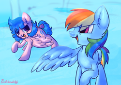 Size: 4013x2823 | Tagged: safe, artist:pinkdoesstuff, firefly, rainbow dash, g1, g4, cloudsdale, complex background, crossover, duo, photo, smiling