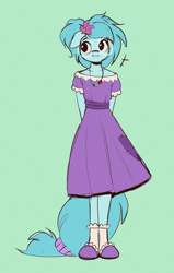 Size: 955x1500 | Tagged: safe, artist:rexyseven, oc, oc only, oc:whispy slippers, anthro, :i, bare shoulders, clothes, cute, dress, female, floppy ears, glasses, green background, meganekko, not lyra, simple background, solo