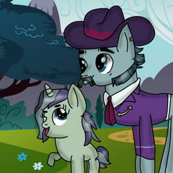 Size: 1000x1000 | Tagged: safe, turner mccolt, oc, oc:jessica mccolt, earth pony, pony, unicorn, g4, clothes, cute, digital art, duo, duo male and female, ear piercing, eyebrows, facial hair, father and child, father and daughter, female, filly, foal, hat, magical gay spawn, male, mccolt family, moustache, offspring, parent:dandy grandeur, parent:turner mccolt, piercing, sideburns, stallion, turnergrandeur