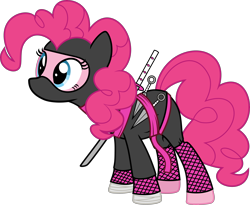 Size: 4000x3277 | Tagged: safe, artist:icicle-niceicle-1517, artist:n0kkun, color edit, edit, pinkie pie, earth pony, pony, g4, belt, collaboration, colored, female, katana, kunai, mare, mask, ninja, simple background, solo, sword, transparent background, weapon