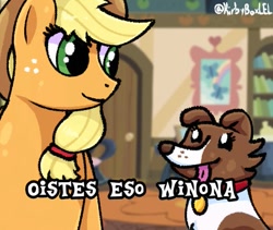 Size: 485x409 | Tagged: safe, artist:kirbyboxlel, applejack, winona, dog, pony, g4, duo, spanish