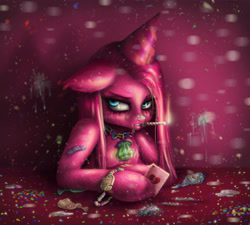 Size: 5248x4728 | Tagged: safe, artist:polnocnykot, pinkie pie, earth pony, pony, semi-anthro, g4, angry, arm hooves, balloon, beads, blade, blue eyes, bracelet, broken, broken hearts, burning, candle, candy, card, chains, colored, confetti, cream, creepy, cute, deflated, deflation, depressed, detailed, detailed background, detailed hair, disco ball, drugged, drugs, female, fire, floppy ears, fluffy, food, frown, glowing, grin, hangover, hat, heart, heartbreak, human shoulders, jewelry, lidded eyes, looking back, makeup, mare, mascara, mud, mud pony, necklace, open mouth, pacifier, party, party hat, party horn, pink background, pink hair, pinkamena diane pie, plastic, playing card, razor, reflection, running makeup, sad, scar, shiny, sitting, smiling, smoking, solo, sparkles, spots, sweets, table, teeth, trash, wall of tags