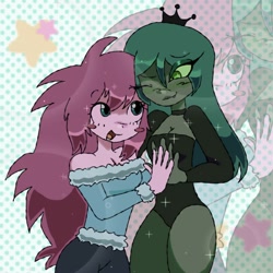 Size: 2000x2000 | Tagged: safe, artist:darkwebdizzy, queen chrysalis, oc, oc:fluffle puff, human, g4, blush sticker, blushing, breasts, canon x oc, cleavage, duo, female, high res, humanized, lesbian, ship:chrysipuff, shipping, smiling, zoom layer