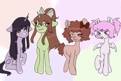 Size: 2048x1365 | Tagged: safe, artist:darkwebdizzy, earth pony, pegasus, pony, unicorn, ><, bow, doki doki literature club!, eyes closed, female, floppy ears, group, hair bow, monika, natsuki, ponified, quartet, sayori, tongue out, yuri (ddlc)